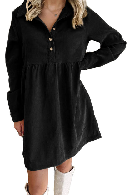 Black Corduroy Half Button Collared Long Sleeve Mini Dress - Jaico Online Shop