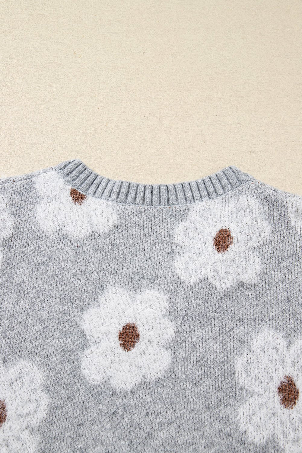 Gray Cute Flower Print V Neck Drop Shoulder Baggy Sweater - Jaico Online Shop