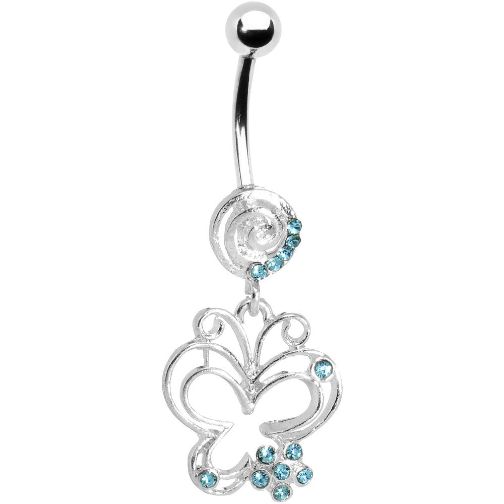 Aqua Gem Flower Butterfly Swirl Dangle Belly Ring