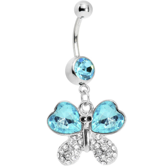 Aqua Gem Heart Winged Butterfly Belly Ring