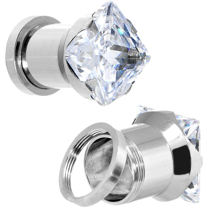 Clear CZ Gem Stainless Steel Screw Fit Tunnel Plug Set 0G