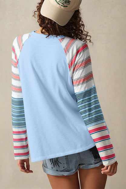 Pink Color Block Round Neck Exposed Seam Patchwork Striped Long Sleeve Top - Jaico Online Shop