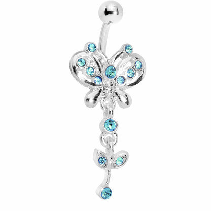 Aqua Gem Butterfly Flower Drop Belly Ring