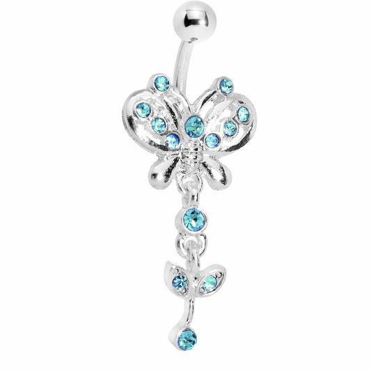Aqua Gem Butterfly Flower Drop Belly Ring