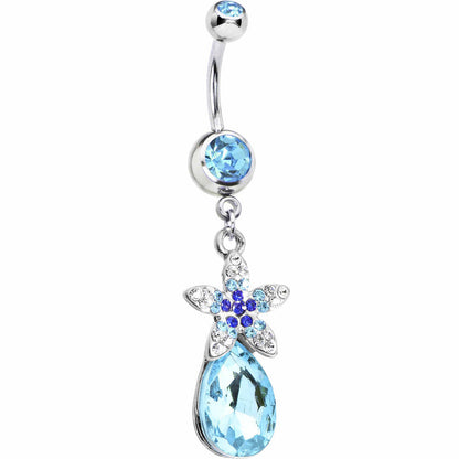 Aqua Gem Exotic Flower Teardrop Belly Ring
