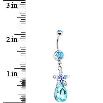 Aqua Gem Exotic Flower Teardrop Belly Ring