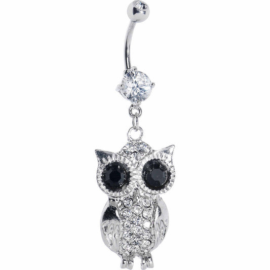 Crystalline Black Gem Owl Dangle Belly Ring