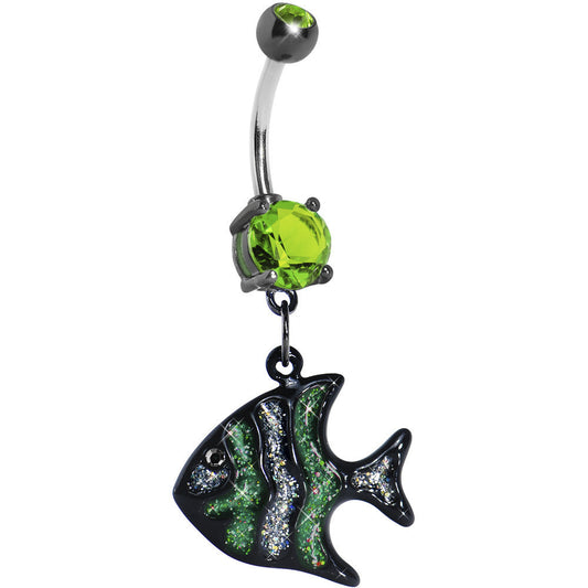 Peridot Green Gem Glittery Angel Fish Dangle Belly Ring