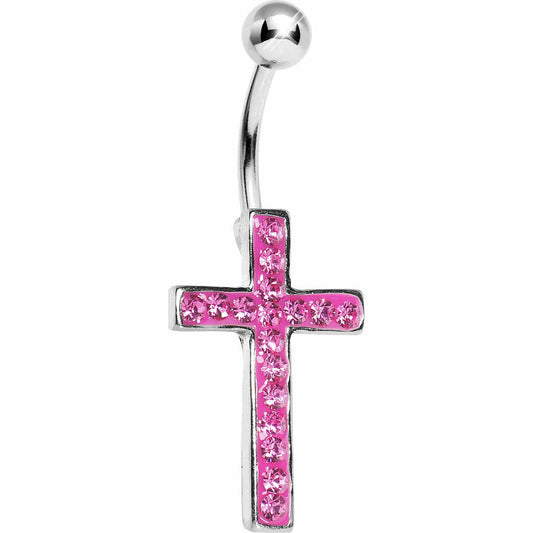 Pink Gem Paved Perfect Cross Belly Ring