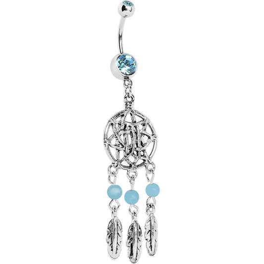 Aqua Gem Tri Feather Star Weave Dreamcatcher Belly Ring