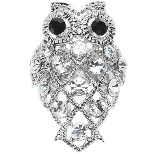Clear Gem Sparkle Black Eyed Owl Adjustable Ring