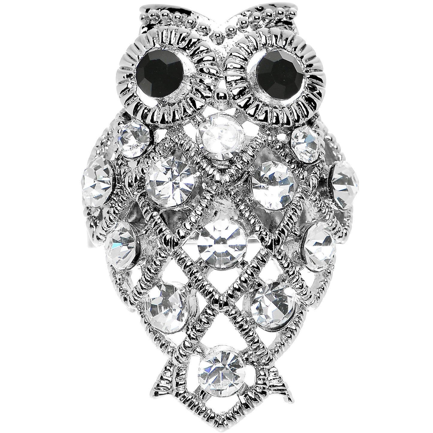Clear Gem Sparkle Black Eyed Owl Adjustable Ring