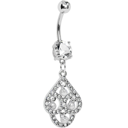 Crystalline Gem Faux Pearl Swirl Dangle Belly Ring