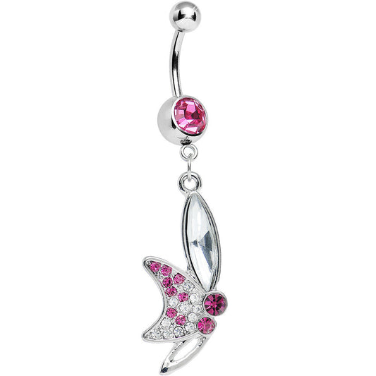 Pink Gem Sideways Butterfly Dangle Belly Ring