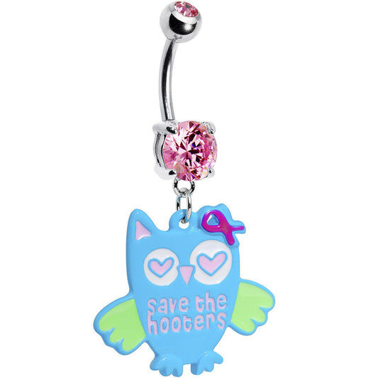 Pink Gem Save the Hooters Awareness Owl Belly Ring