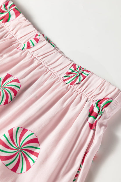 Pink Christmas Candy Contrast Trim Bow Knot Silky 2pcs Pajama Set - Jaico Online Shop