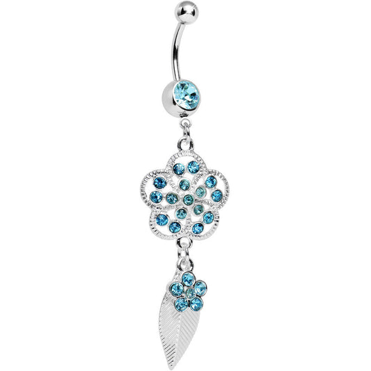 Aqua Gem Flower Falling Leaf Belly Ring