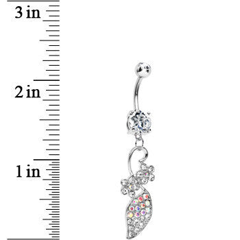 Clear and Aurora Paved Gem Elaborate Floral Vine Belly Ring
