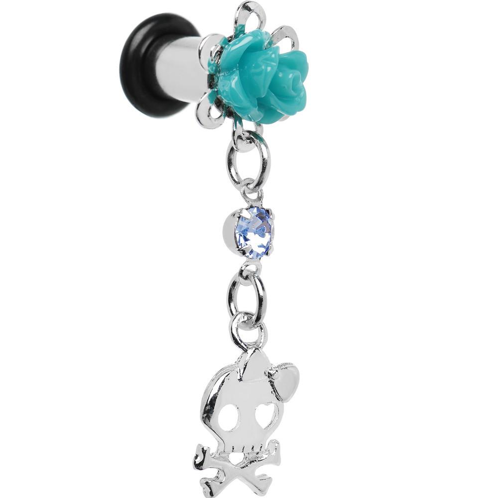 Aqua Rose Flower Skull Crossbones Dangle Plug Sizes 5mm to 12mm