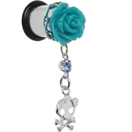 Aqua Rose Flower Skull Crossbones Dangle Plug Sizes 5mm to 12mm