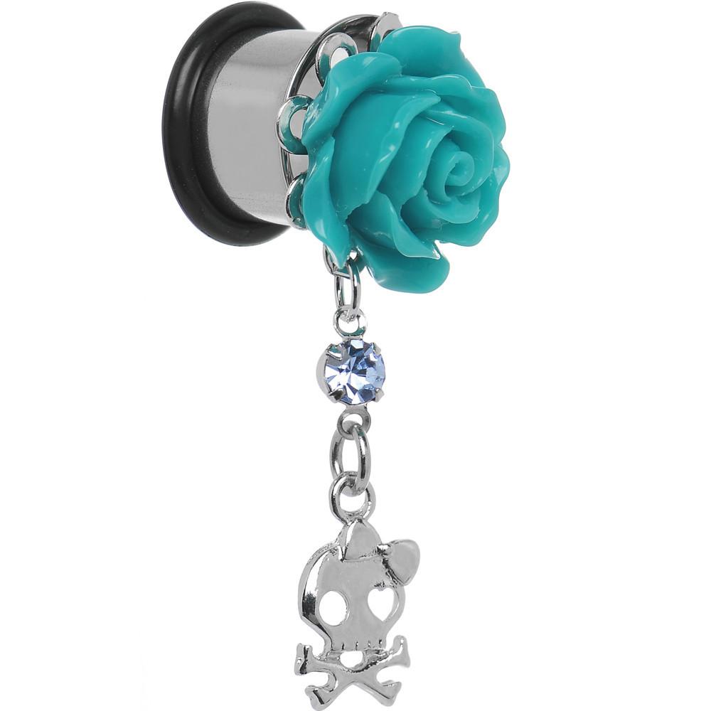 Aqua Rose Flower Skull Crossbones Dangle Plug Sizes 5mm to 12mm