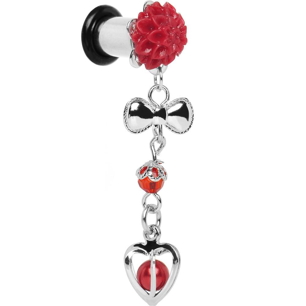 Red Flower Heart to Heart Dangle Plug Sizes 5mm to 00G