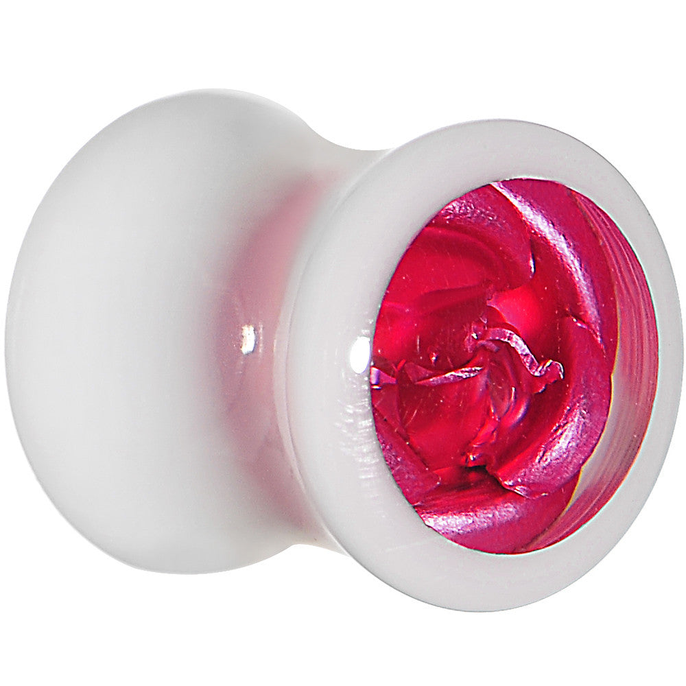 0G White Acrylic Pink Metallic Rose Flower Plug