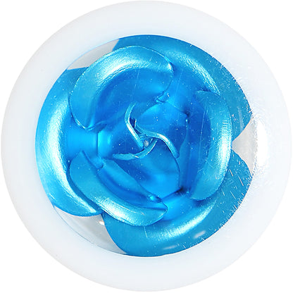 9/16 White Acrylic Aqua Metallic Rose Flower Plug