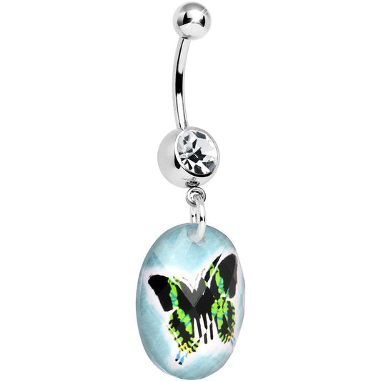 Aqua Gem Black Butterfly Dangle Belly Ring