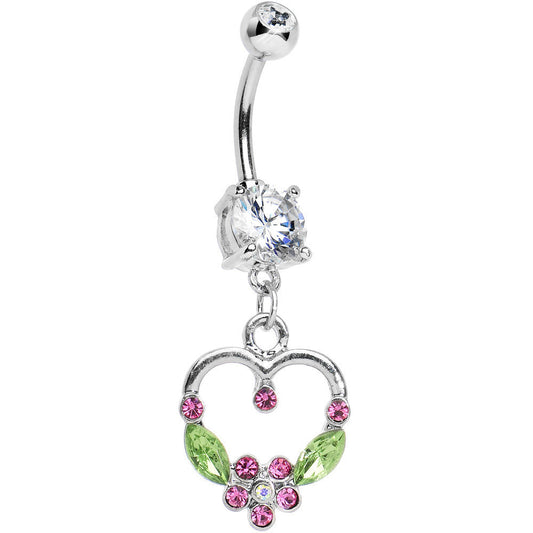Crystalline Gem Floral Hollow Heart Dangle Belly Ring