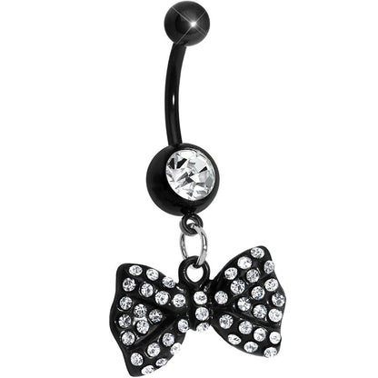 Black Crystalline Gem Paved Bow Dangle Belly Ring