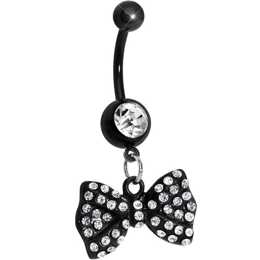 Black Crystalline Gem Paved Bow Dangle Belly Ring