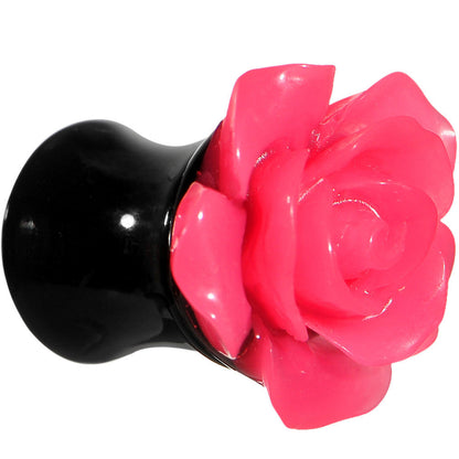 2G Acrylic Black Neon Pink Rose Flower Saddle Plug