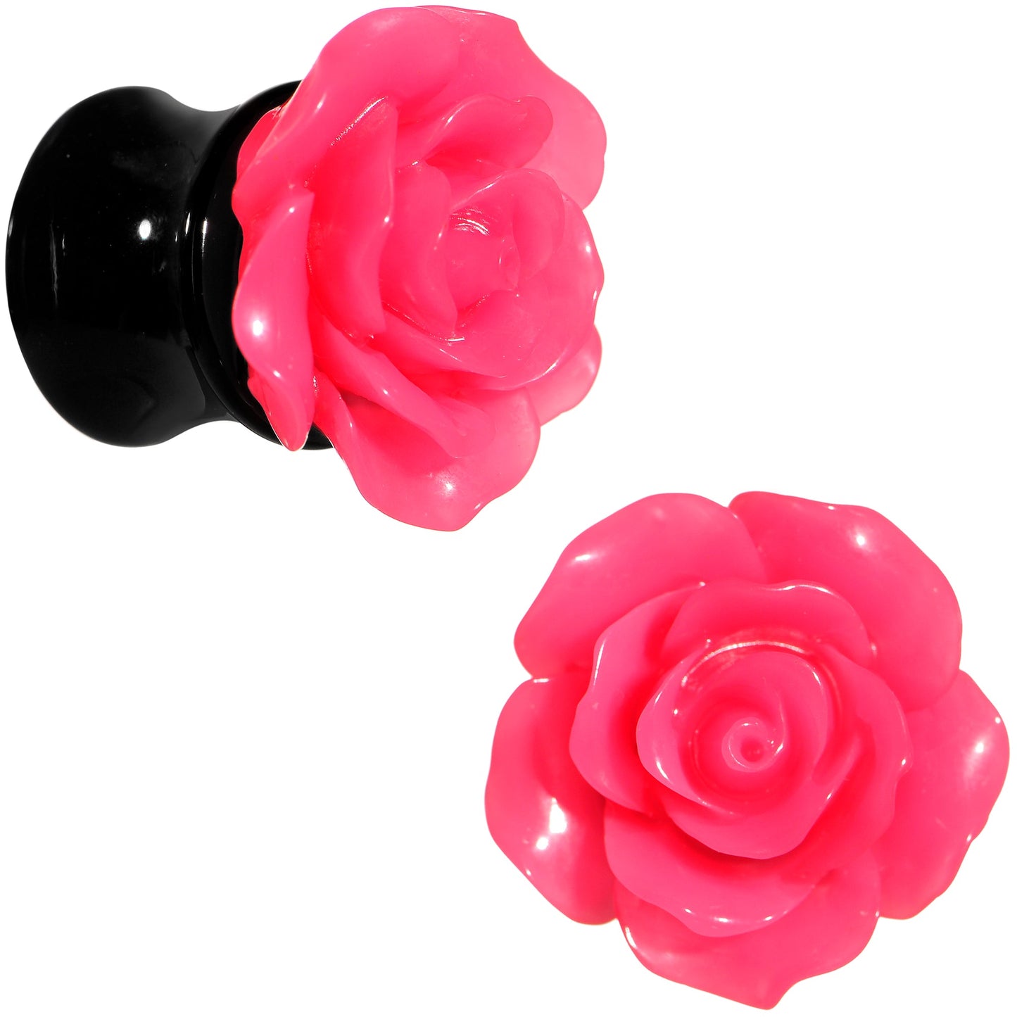 00G Acrylic Black Neon Pink Rose Flower Saddle Plug Set