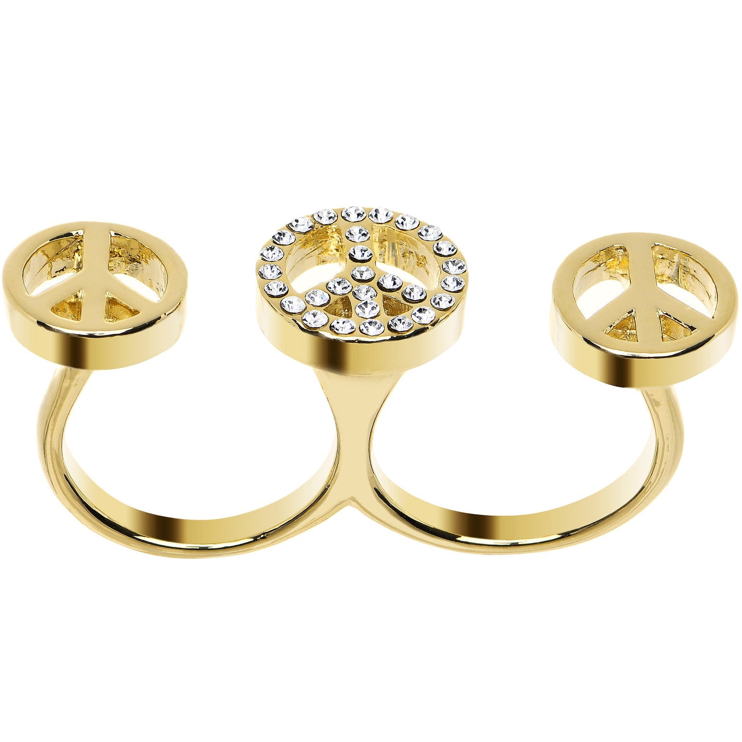 Clear Gem Gold Tone Triple Peace Sign Double Finger Ring