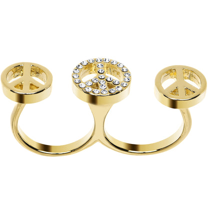 Clear Gem Gold Tone Triple Peace Sign Double Finger Ring