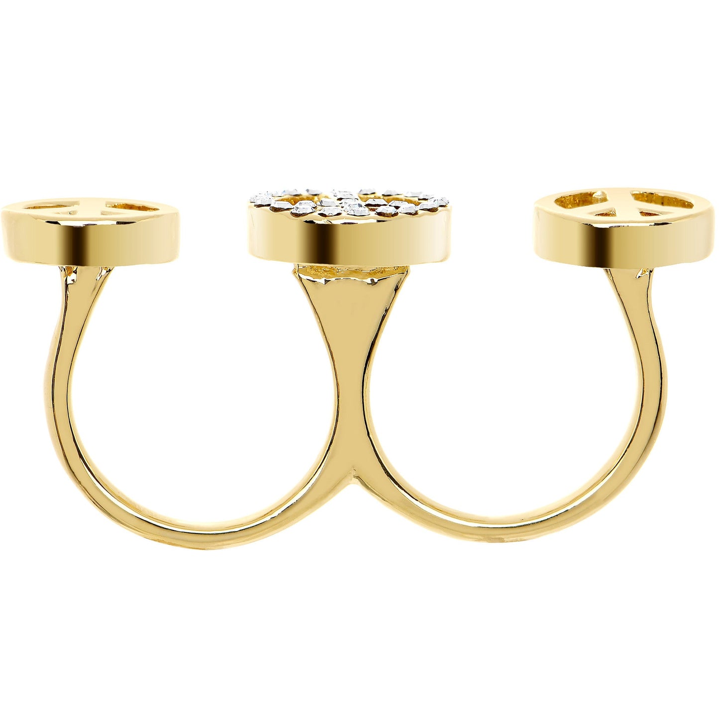 Clear Gem Gold Tone Triple Peace Sign Double Finger Ring