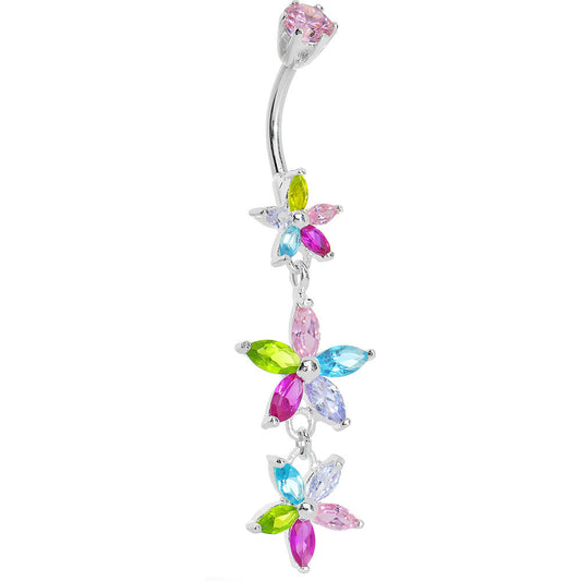 Silver 925 Light Pastel CZ Floral Drop Belly Ring