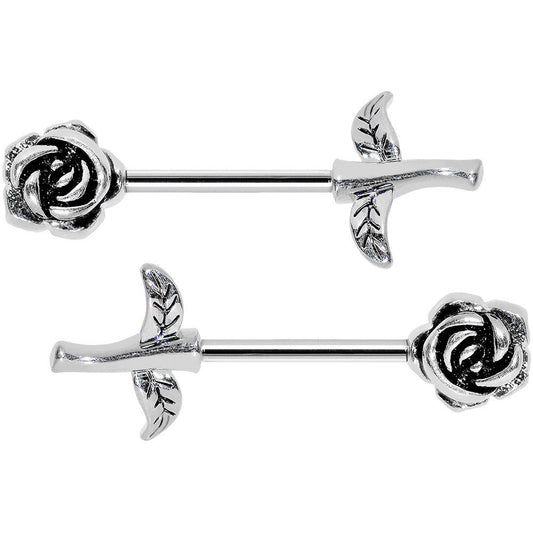 14G 5/8 Sprouting Rose Flower Barbell Nipple Ring Set