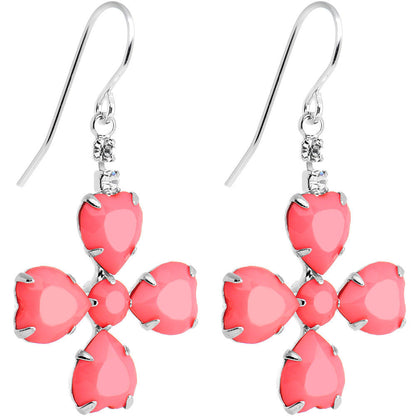 Clear Gem Pink Neon Four Leaf Flower Dangle Earrings