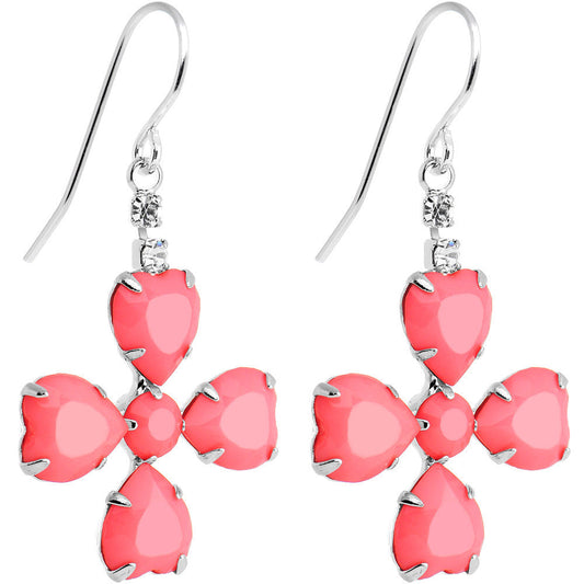 Clear Gem Pink Neon Four Leaf Flower Dangle Earrings