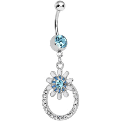 Aqua Crystalline Gem Paved Ring Bursting Flower Dangle Belly Ring