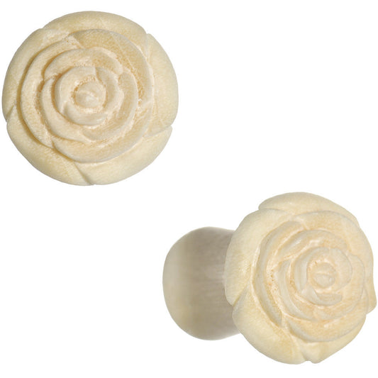 0G Organic White Crocodile Wood Rose Flower Hand Carved Plug Set