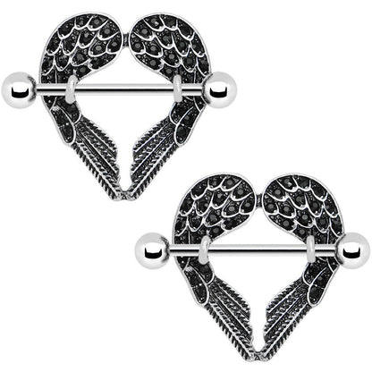 14G 5/8 Black Gem Angel Wings Nipple Shield Set