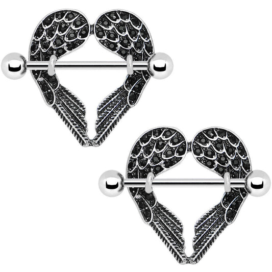14G 5/8 Black Gem Angel Wings Nipple Shield Set