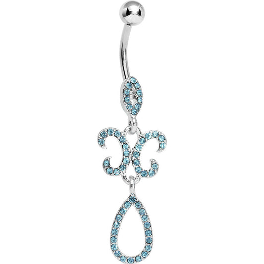 Aqua Gem Crystalline Fleur di Lis Teardrop Double Dangle Belly Ring