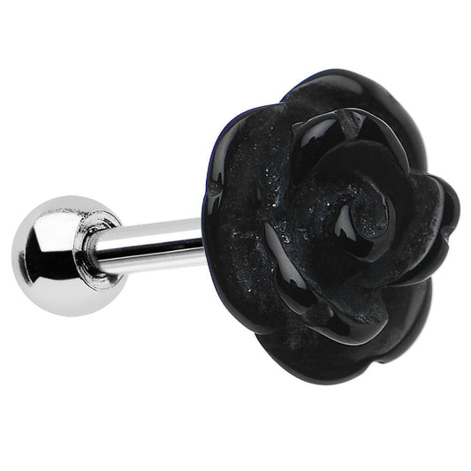 16G 1/4 Black Acrylic Rose Flower Tragus Cartilage Earring