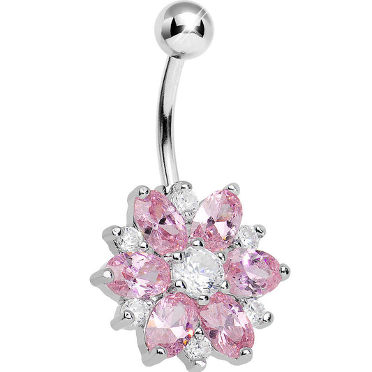 Crystalline Pink Gem Sunburst Flower Belly Ring