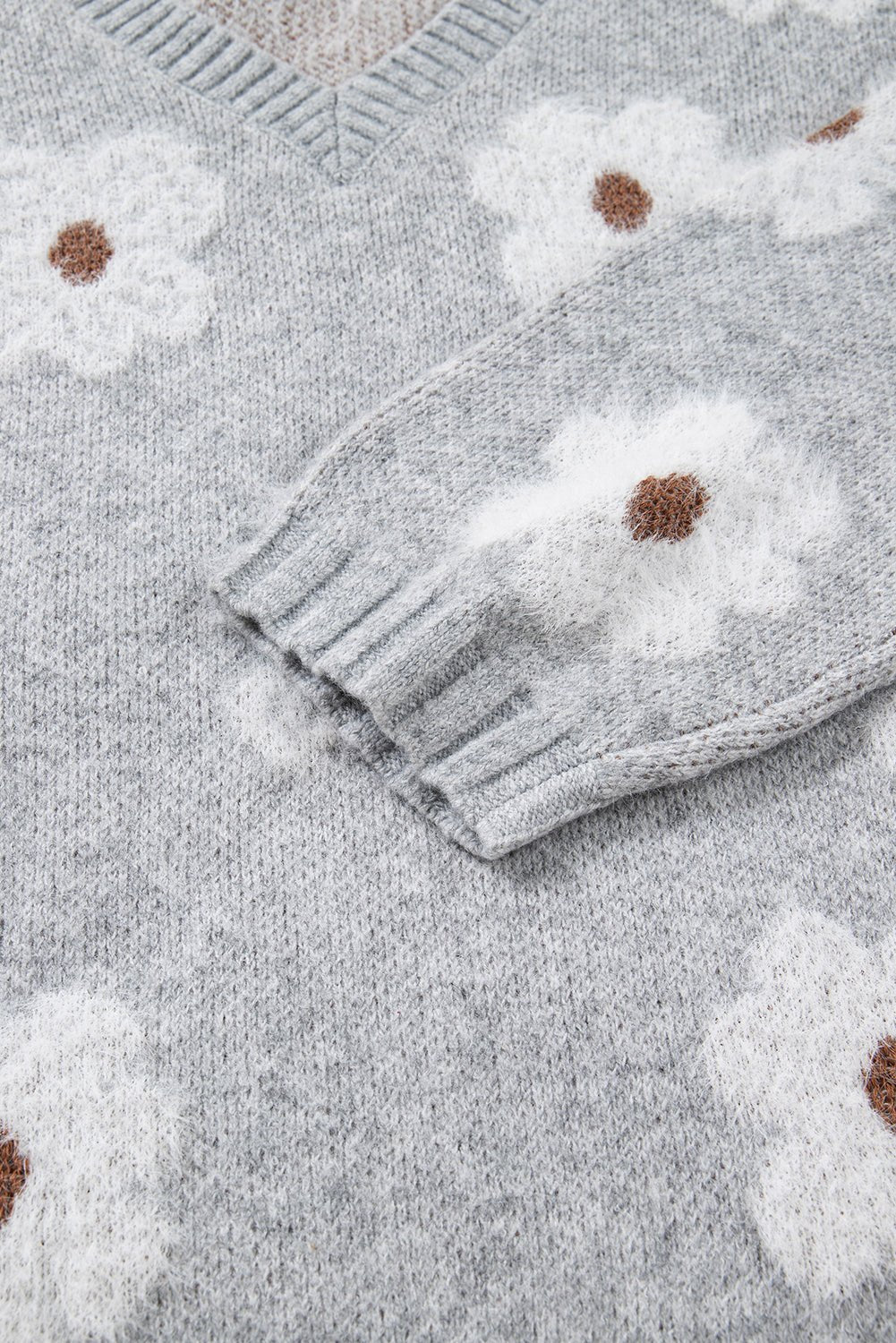 Gray Cute Flower Print V Neck Drop Shoulder Baggy Sweater - Jaico Online Shop