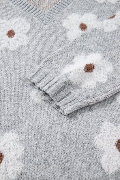 Gray Cute Flower Print V Neck Drop Shoulder Baggy Sweater - Jaico Online Shop